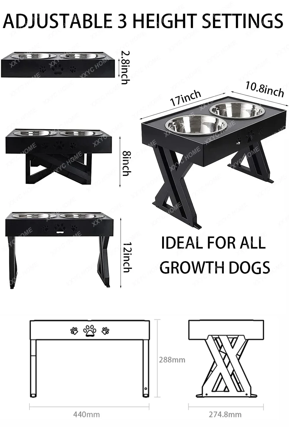Raised Pet Bowl Stainless Steel Double Bowls Stand Non-Slip No Spill Dog Smart Height Adjusts Cervical Protectionto Large Dogs