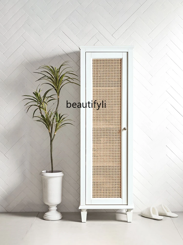 American Retro Rattan Wardrobe Simple Modern Bedroom and Household Solid Wood Nordic Small Apartment Single Door Storage Cabinet