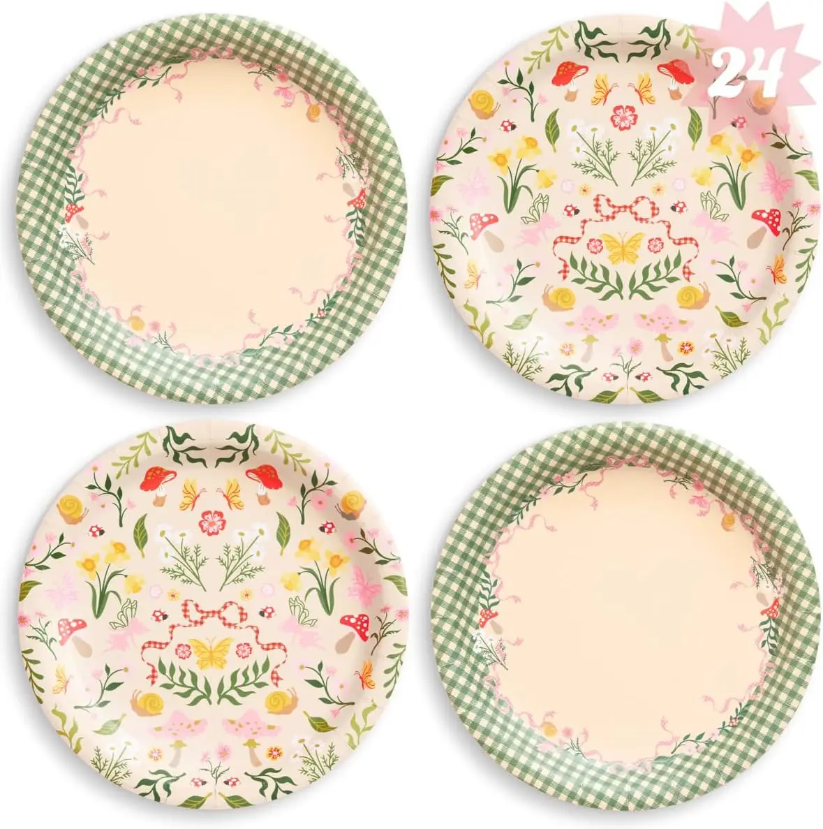 Garden Fairy Plates - 24pk, 9' | Woodland Party Decorations, Tea Party, Kids Birthday, Butterfly, Sage Gingham, Pink Floral, Far