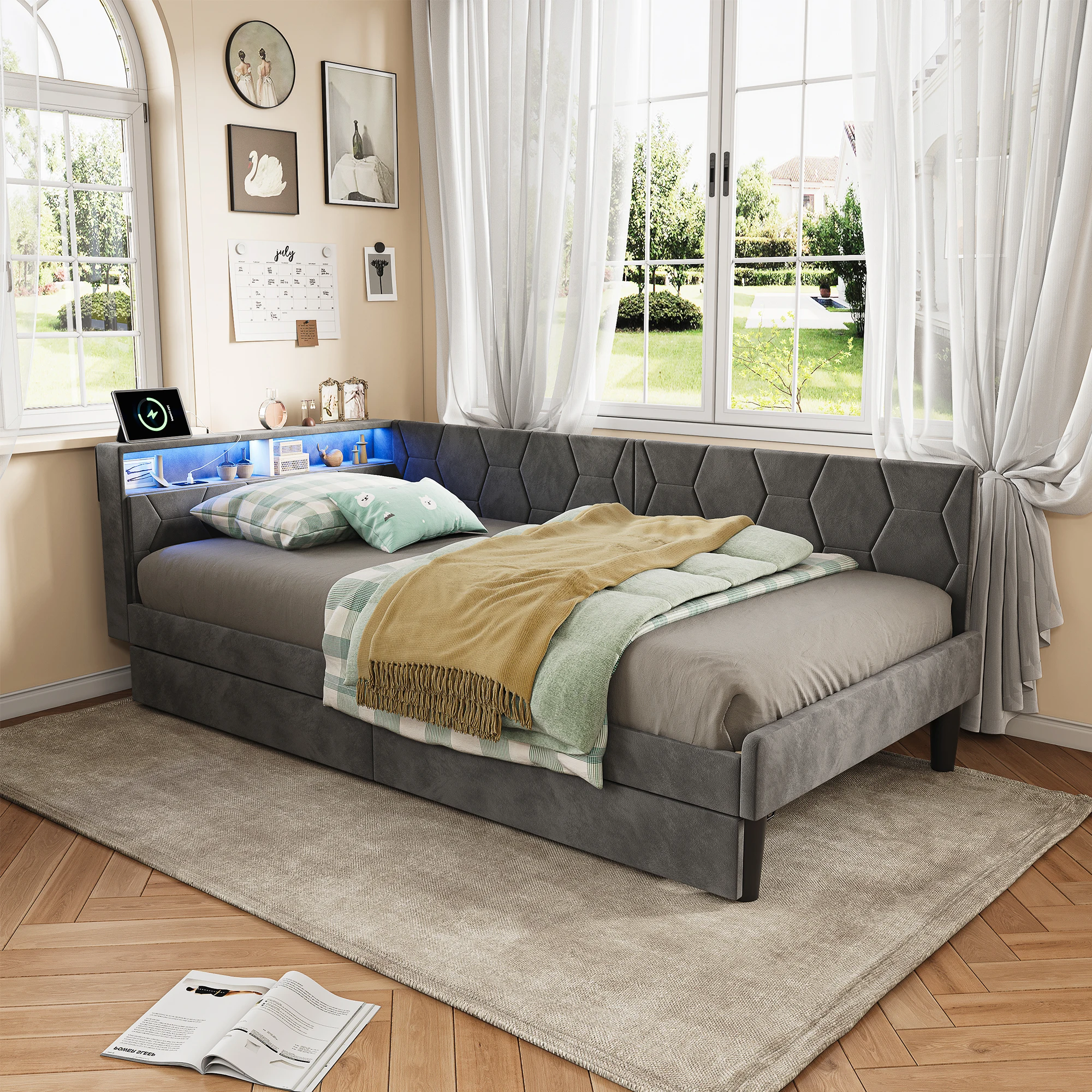 Rosahqnda Tagesbett 90/140X200cm, L-förmiges Schlafsofa mit 2 Schubladen, Einzelbett, Jugendbett, Ladeanschluss und LED, Samtstoff