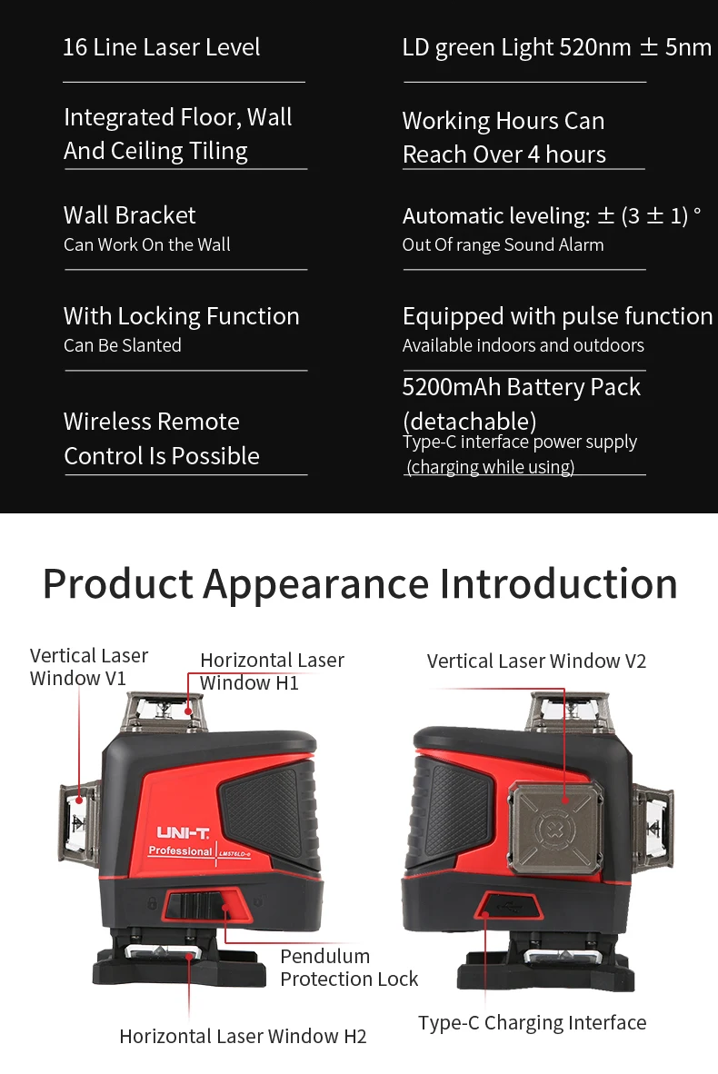 UNI-T LM576LD-e green Laser Level 3D 12-Line Wall sticking instrument Self-Leveling Remote Control Indoor Outdoor Auxiliary Tool