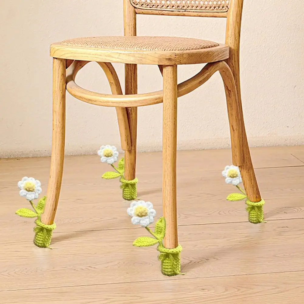 Table Leg Cover Handmade Crochet Flower Chair Leg Covers for Furniture Set of 4 White Knitted Sleeves for Sofa Table