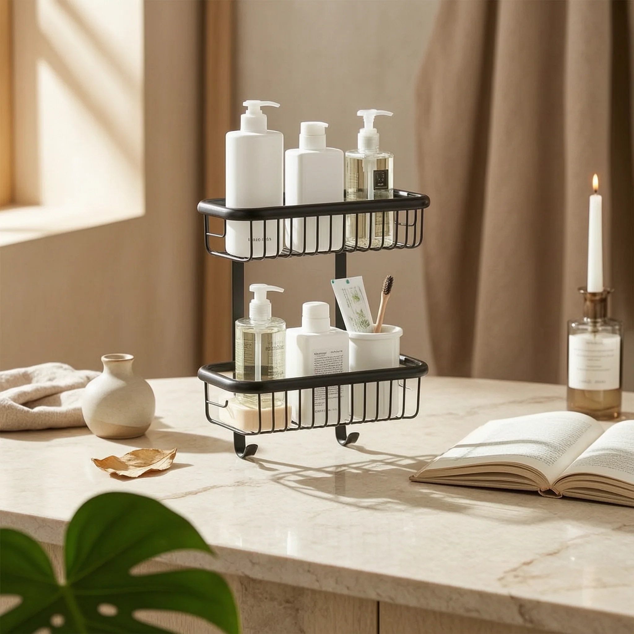 Bathroom Storage Rack with Two Baskets Brushed Double-Layer Bathroom Rack Two-Tier Shower Basket Metal Wall Organizer Waterproof