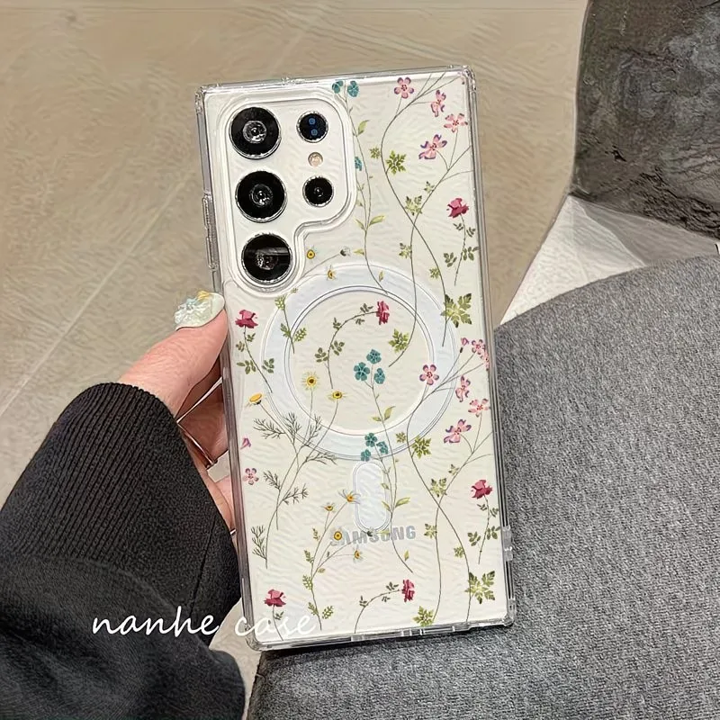 Floral Pattern Magnetic Phone Case For Samsung Galaxy S26 S25 S24 S23 S22 S21 S20 Ultra Plus Compatible Wireless Charging Cove - view 3