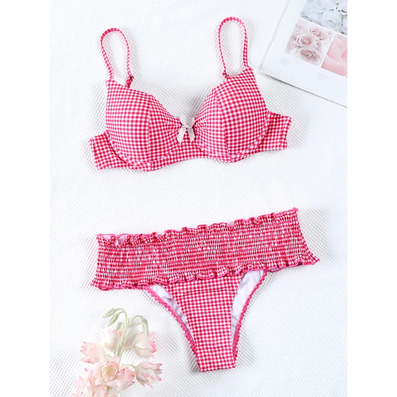 Push Up Bikinis String Swimwear Women Plaid Print Swimsuit Sexy Bikini Set Two Piece Suits Fresh Beachwear Summer Bathing Suits