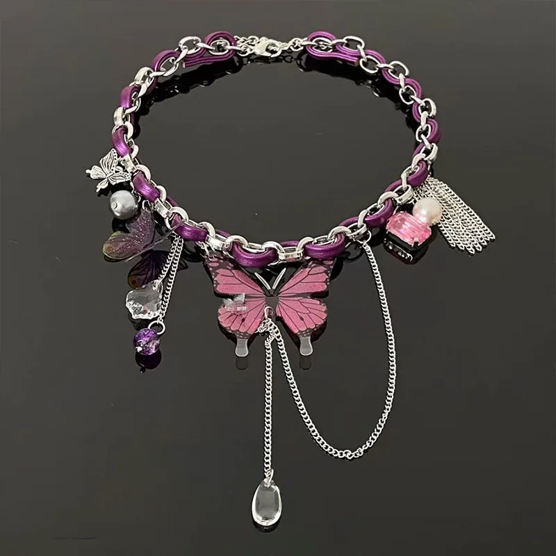 

Vintage Punk Style Crystal Necklace Y2k Women's Butterfly Necklace Tassel Jewelry hip-hop Collar Gothic Accessories