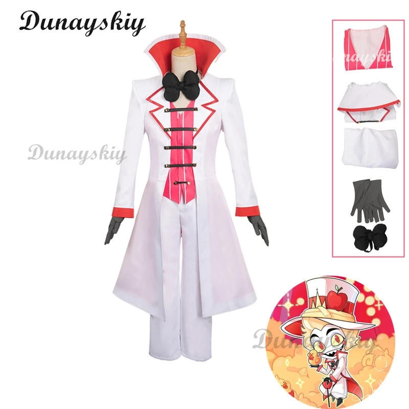 Hazbin lucifer cosplay anime hotel morningstar cosplay kostüm perücke papa weißer anzug teufel hölle halloween party erwachsene männer kostüm