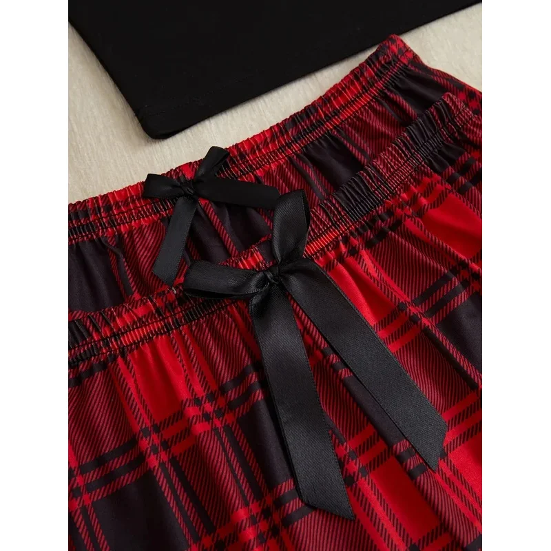 Conjunto de pijama de 3 uds para mujer, camisola, pantalones cortos, pajarita de tres piezas, conjunto de ropa para el hogar, ropa de dormir con estampado a cuadros para mujer, pijamas de Navidad