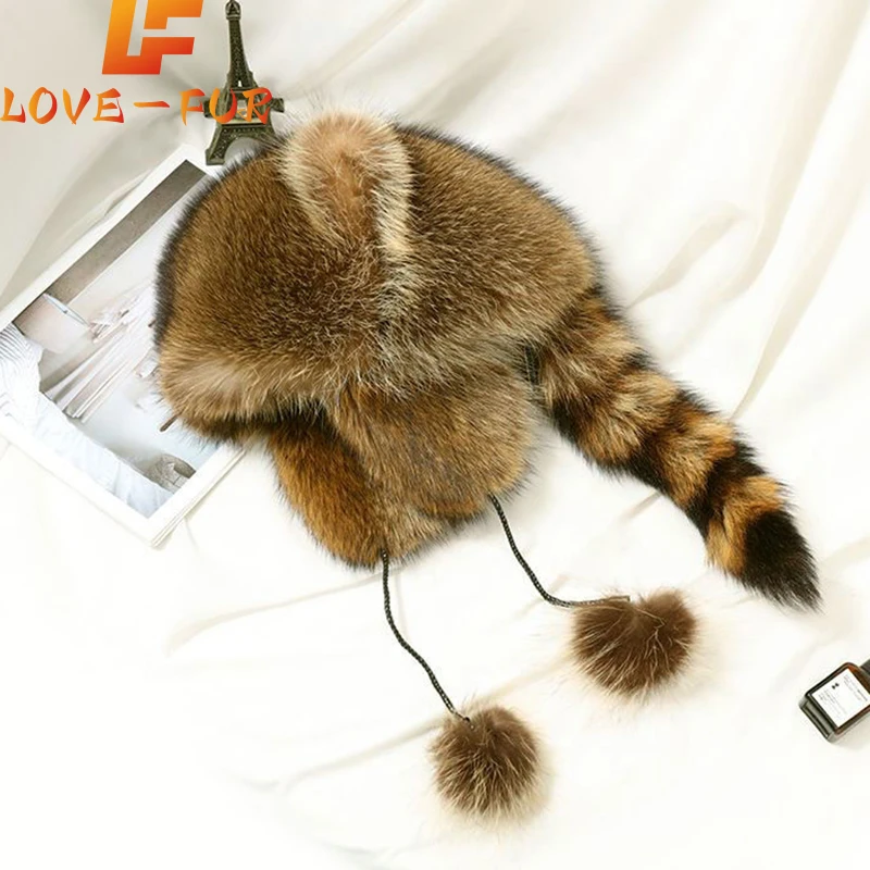 Lady Real Raccoon Fur Cap Tail donna Natural Raccoon Fur Caps Ushanka Hats for Winter Thick Warm Ears Fashion Bomber Pom Pom Hat