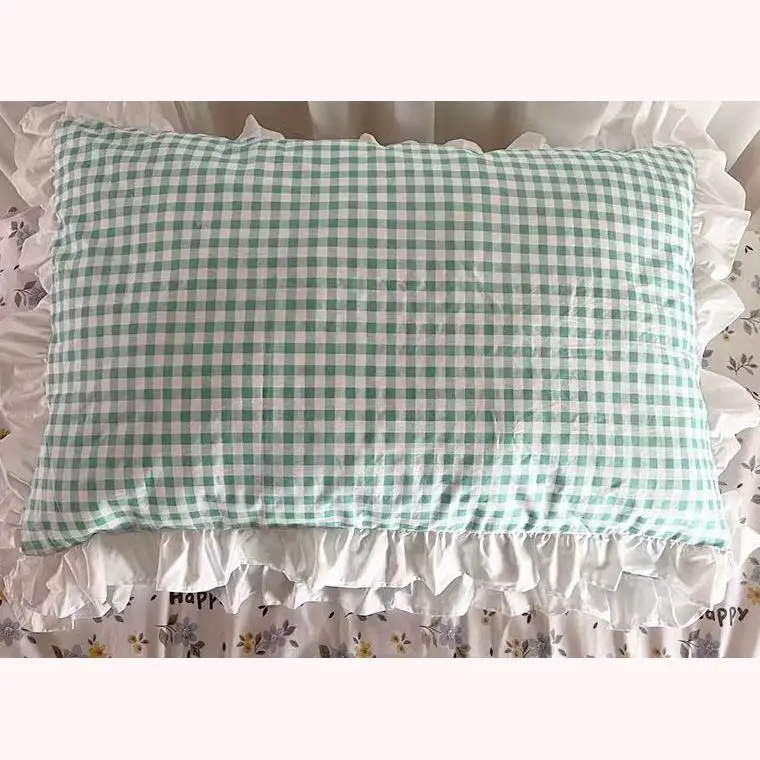 

Зелено-белая клетчатая хлопковая кружевная наволочка для кровати, наволочка для сна