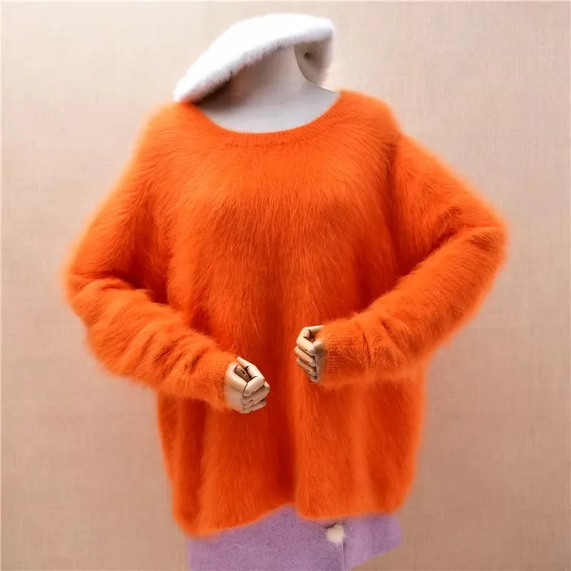 Frauen Mujer Herbst Winter Kleidung grün haarige Angora Kaninchen haar gestrickt O-Ausschnitt lange Ärmel lose Pullover Pullover Pullover ziehen