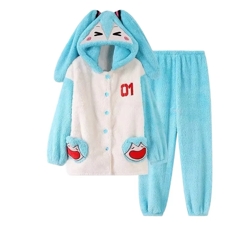 Neues Winter Hatsune Miku Flanell-Pyjama-Set 2-teilig Winter Warmes Fleece Kapuzen-Loungewear Anime Cosplay Schlafanzug für Fans Cartoon