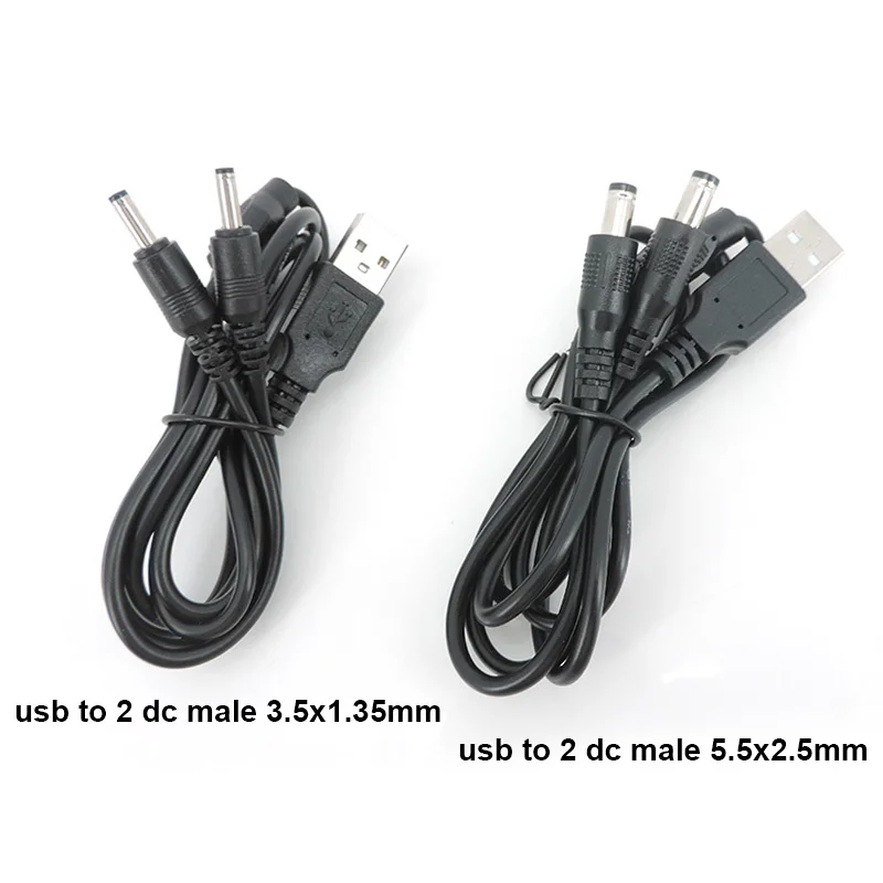 5V USB 2.0 Male A to 2 way DC 3.5mm x 1.35mm 5.5x2.5mm male splitter Connector Plug power supply charger converter Cord Cable p1