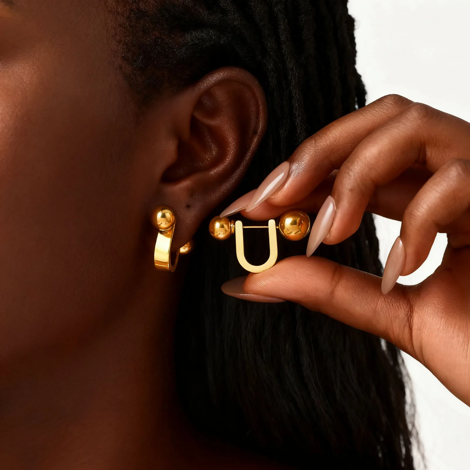 Unique U-Shape Hoop Earrings for Women, Stainless Steel Earring, Ball Piercing Ear Accessories