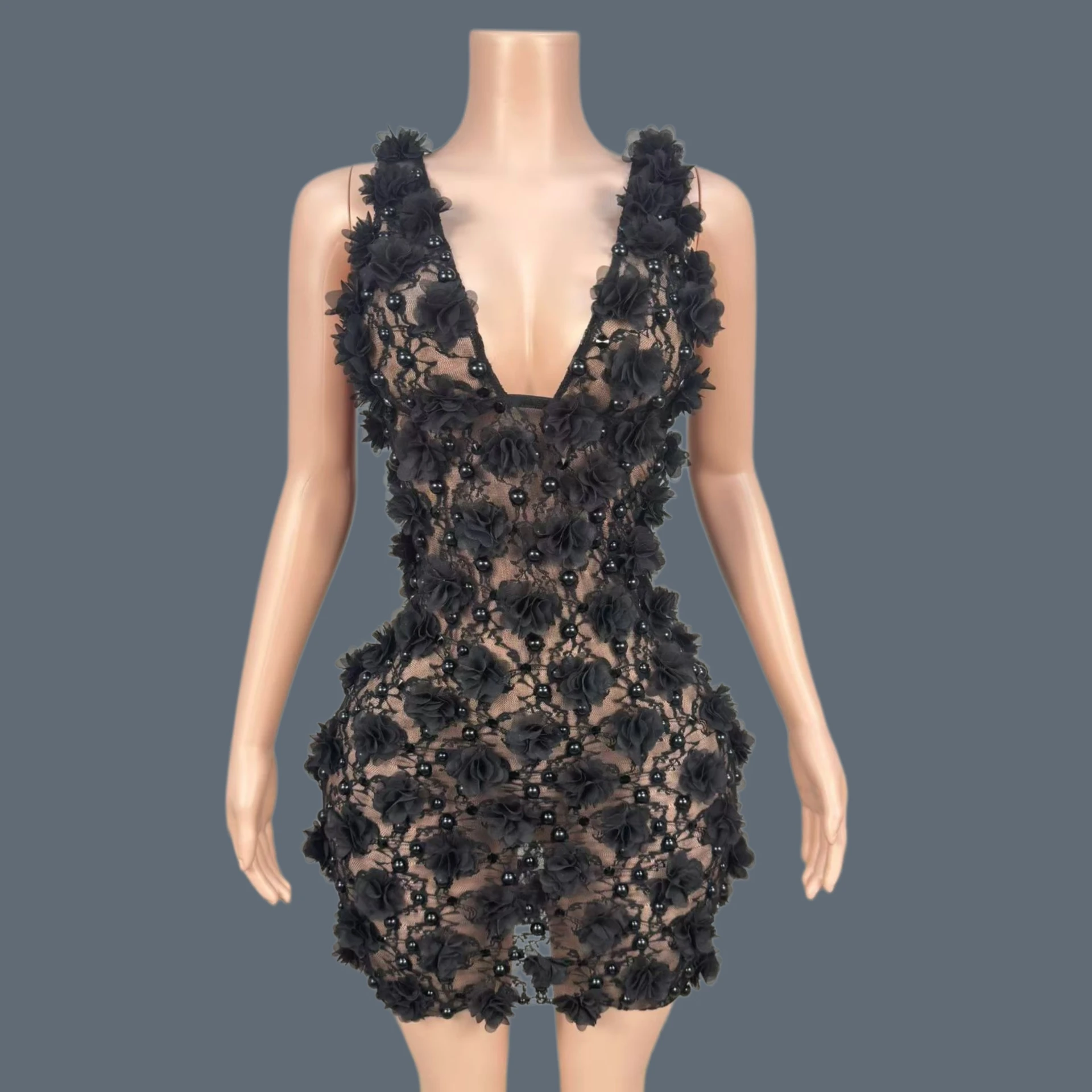 

Sexy Black Deep V Neck Sheer Mesh Mini Dress 3D Tulle Floral Beaded Party Evening Dress Club Stage Performance Costume Huaduo