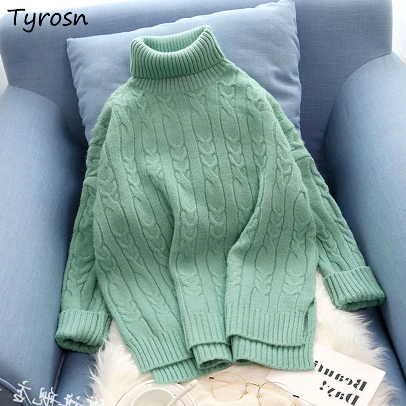 

Women Solid Turtleneck Sweater Loose All-match Femme Thicken Tricot Twist Knitting Elegant Tender Korean Style Warm Daily Sweet