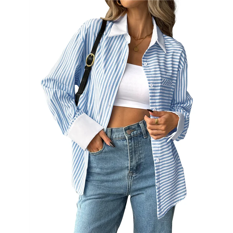 

NEW-Womens Striped Button Down Shirt Casual Long Sleeve Blouse Top