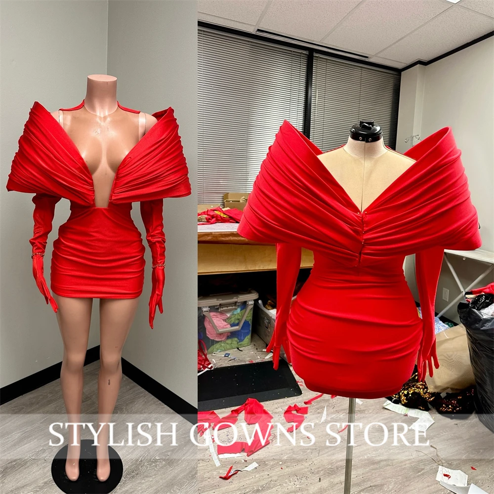 Red Off Shoulder Short Prom Dresses For Black Girls Ruffles Birthday Party Dress With Gloves Mermaid Mini Cocktail Customized