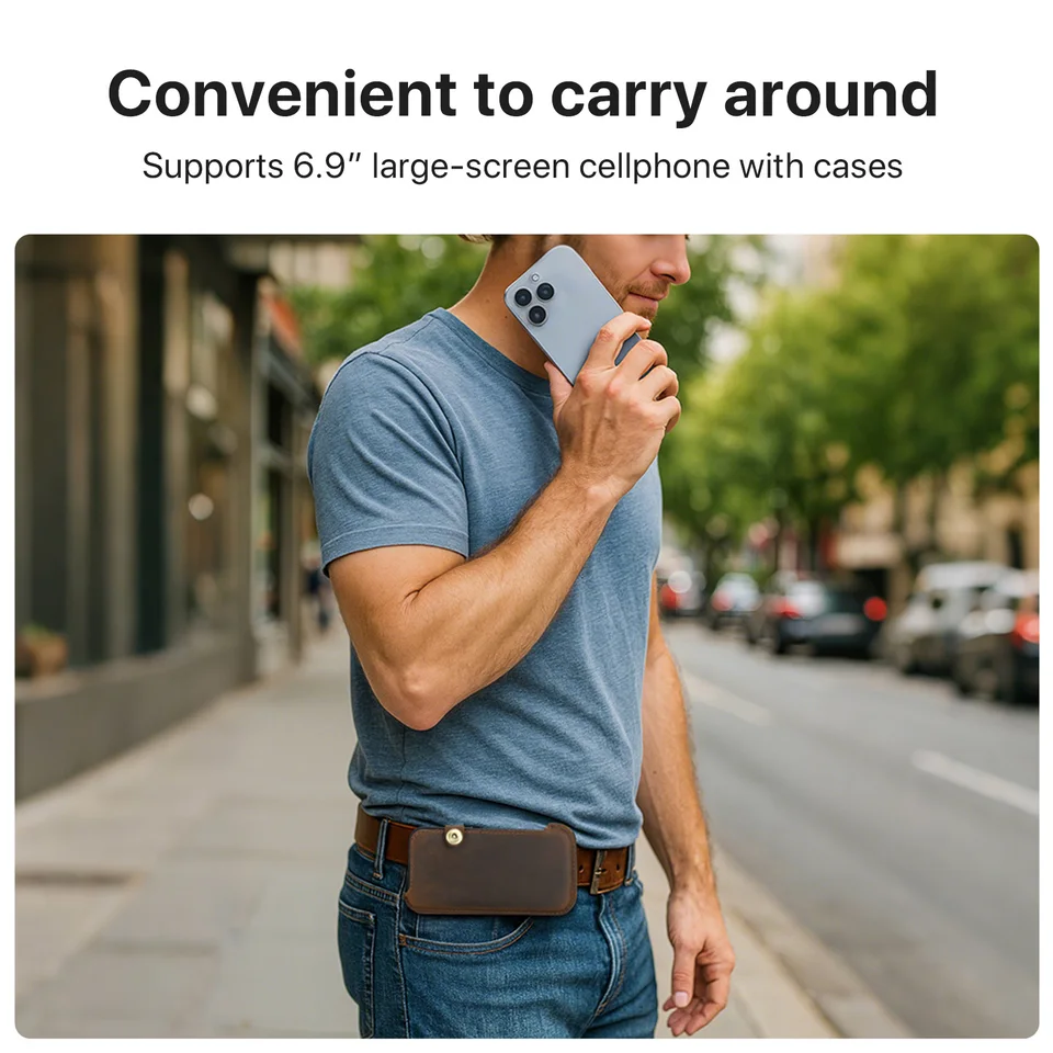 Funda de cuero genuino para hombre con clip para iPhone 17 16 15 14 Pro Max 6.9 pulgadas bolsa de cintura para viajes y campamento 2