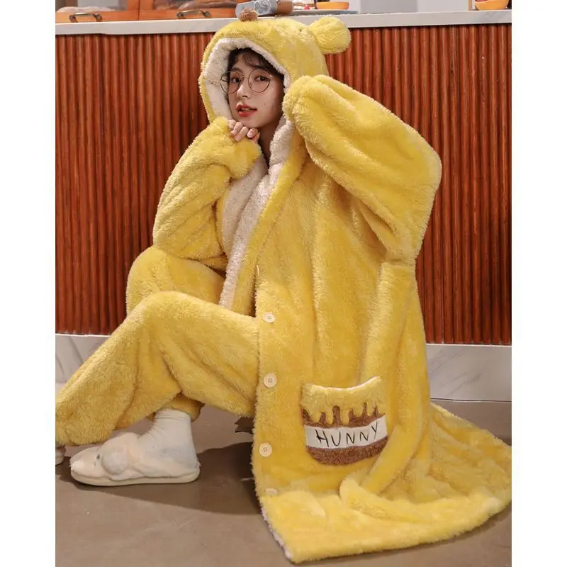 Women's Plush Fuzzy Pajamas Autumn and Winter New Winnie the Pooh Bear Robe and Pants Couple's Thickened Plush Household Suit