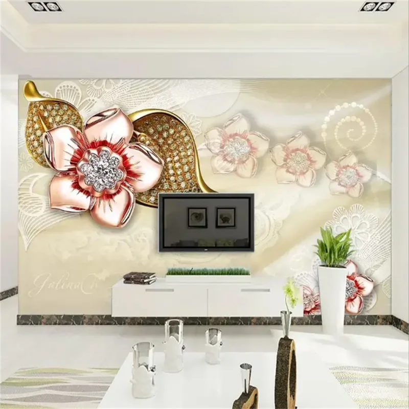 Papel De Parede Customized Wallpaper Gold Glass Diamond Jewelry Flower TV Background Wall Decoration Painting Home Decor Mural