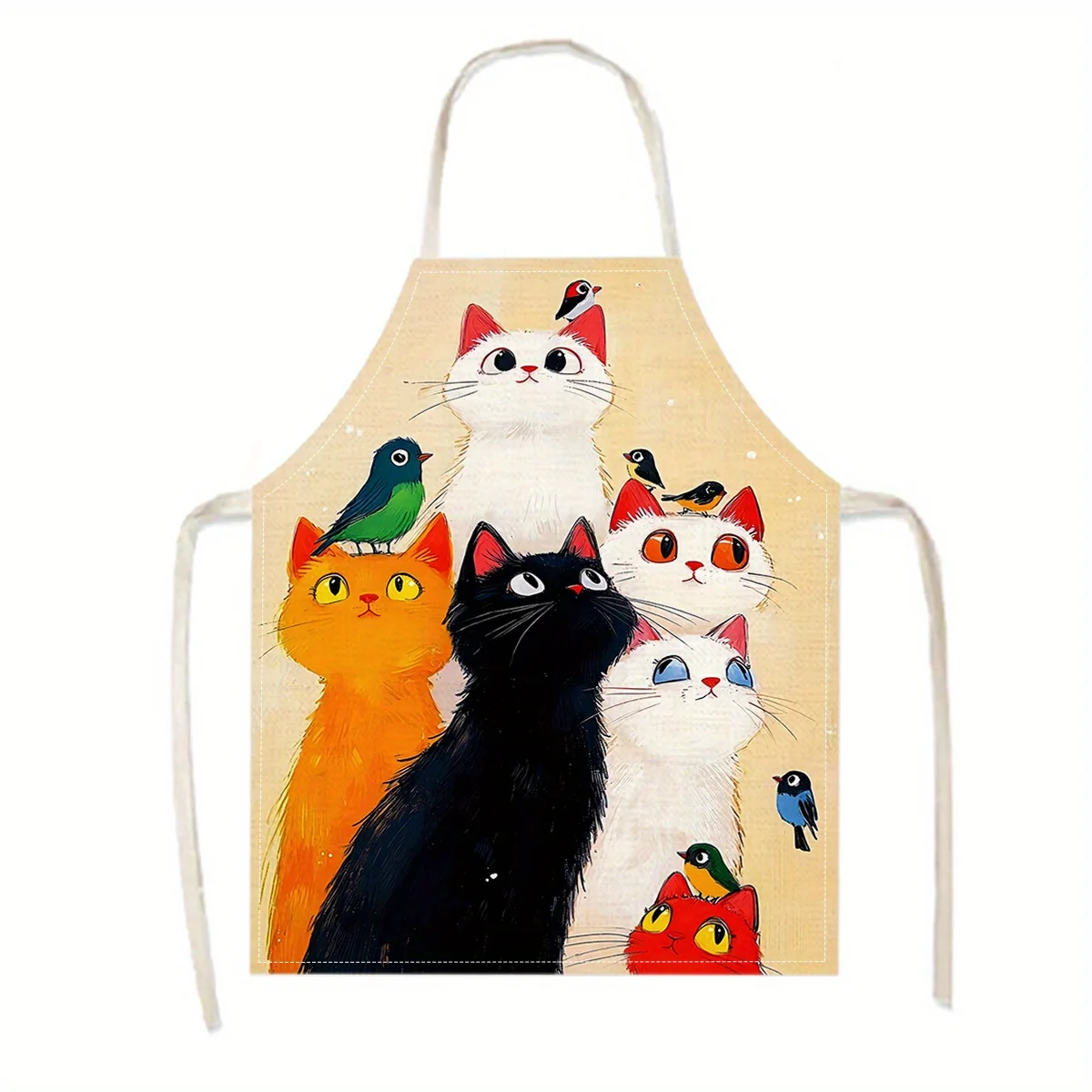 Cute Multi-Cat Pattern Apron, Funny Cartoon Kitten and Bird Graphic Cooking Bib, Pet Lover Kitchen Decor, Gift for Cat Mom