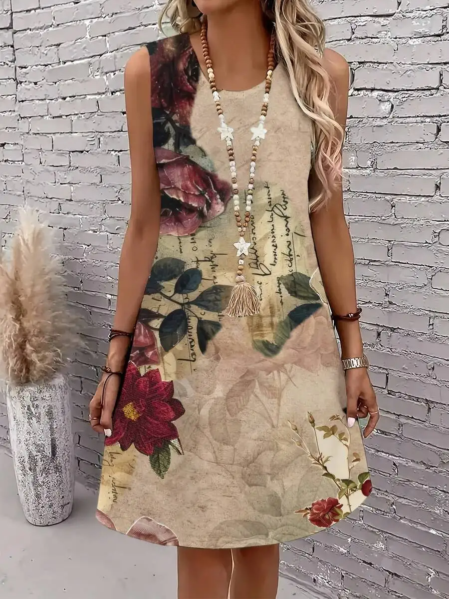 

Floral And Script Print Women Round Neck Sleeveless Casual Summer Beach Dress