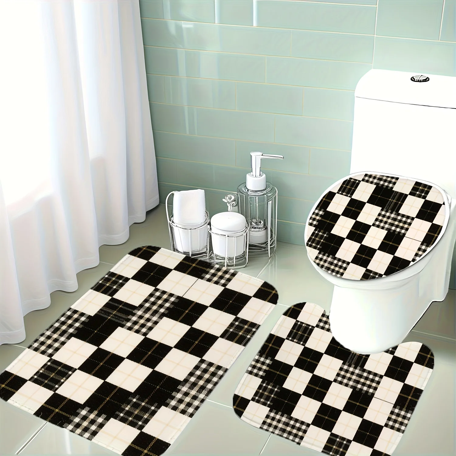 

Christmas Decoration, 3pcs Set of Classic and Elegant Plaid Pattern, Black and Color Scheme, Yet Stylish Bathroom Mat Set, Toile