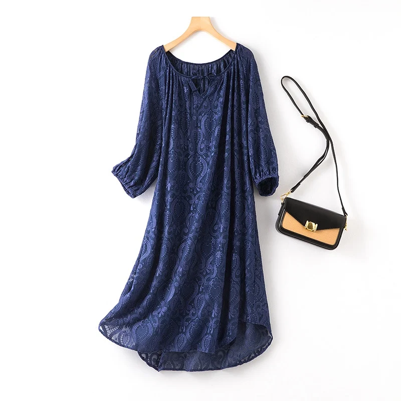 Obscure Heavy Industry Embroidery Natural Mulberry Silk Georgette Mid Length Loose Luxury Dress for Women