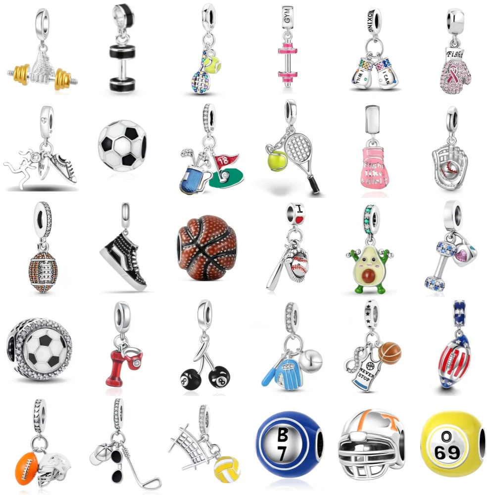 Breloque casque de baseball en argent 925, perle de football, rugby, pendentif gant de boxe, haltère, compatible avec bracelet original, fabrication de bijoux DIY, cadeau