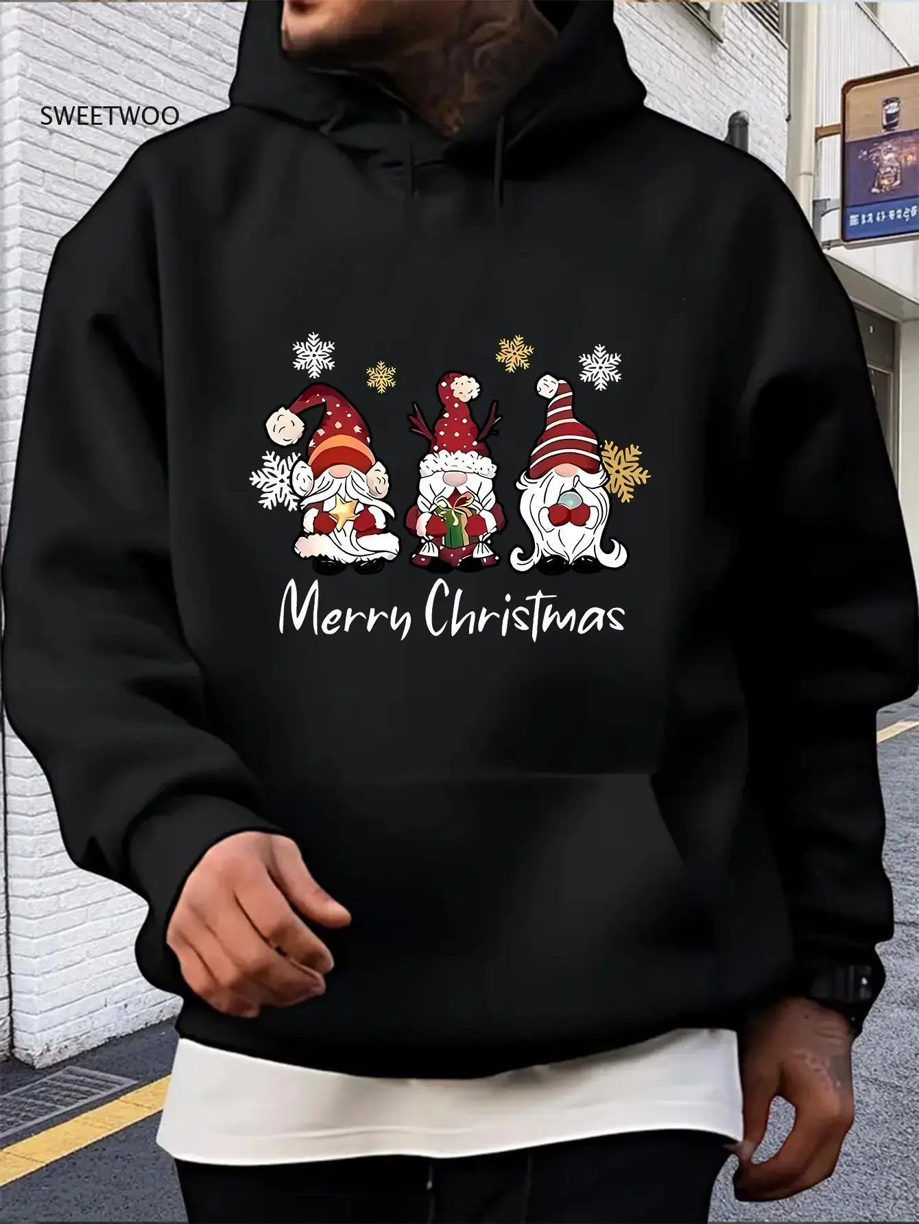

Men's Blue Christmas Gnome & Snowflake Print Hooded Sweatshirt - Holly & Merry Christmas Text,warm Holiday Party