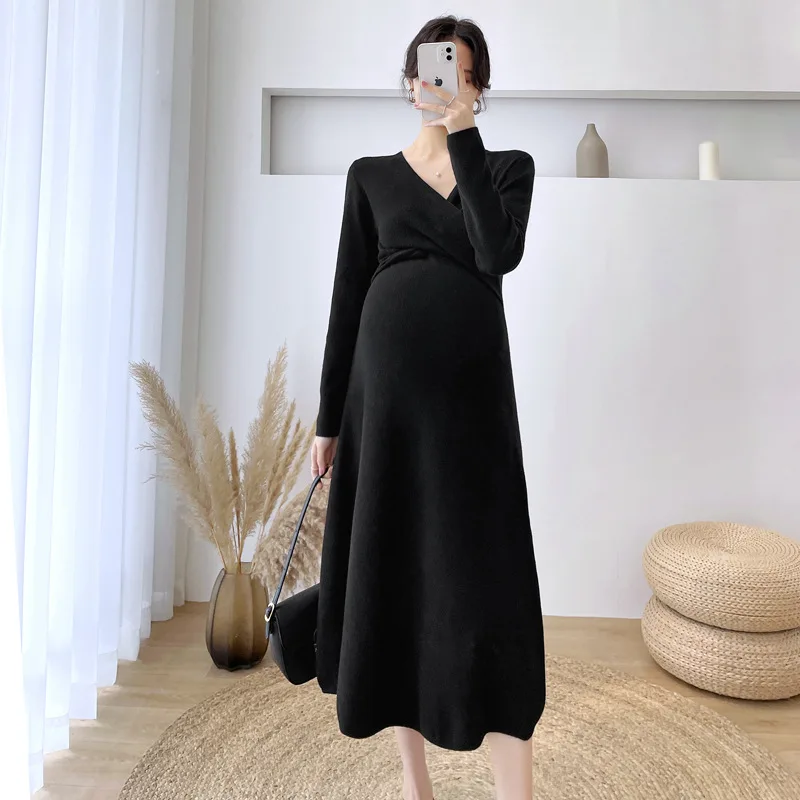 Autumn Winter Korean Fashion Knitted Maternity Long Dress Across V neck A Line Slim Clothes for Pregnant Women Pregnancy