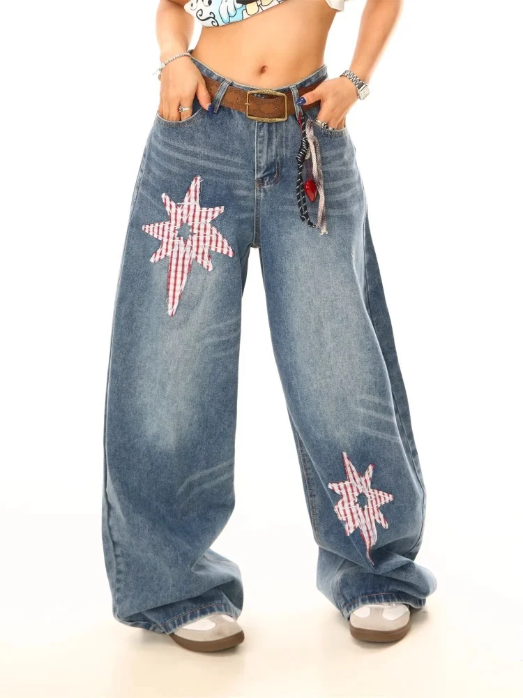 

2025 Ropa Y2K Fashion Star Embroidery Vintage Blue Baggy New Jeans Pants For Women Designers Clothes Casual Lady Denim Trousers