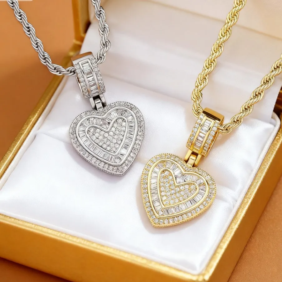 Iced Bird Baguette CZ Small Heart Shaped Pendant Necklace For Women Iced Out 5A+ Cubic Zironia Lovely Jewelry Birthday Gif