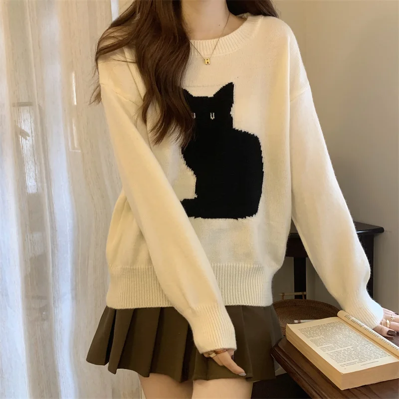 Women‘s Sweater Cute Cartoon Cat Pullover Autumn Winter Outwear Baggy Vintage Knitted Top Fashion Streetwear Female Y2k Clothes