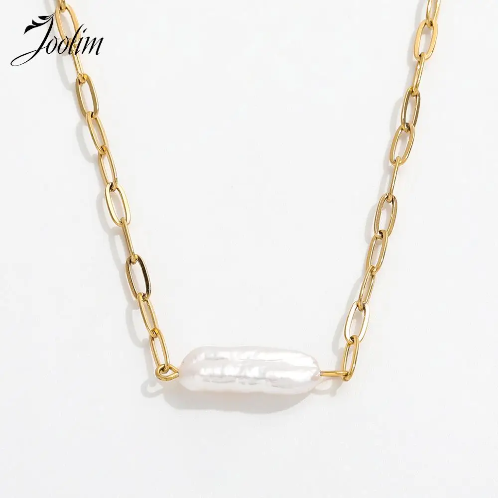 

Joolim Jewelry High End PVD Wholesale Waterproof Irregular Freshwater Pearl Pendant Pin Link Chain Stainless Steel Necklace