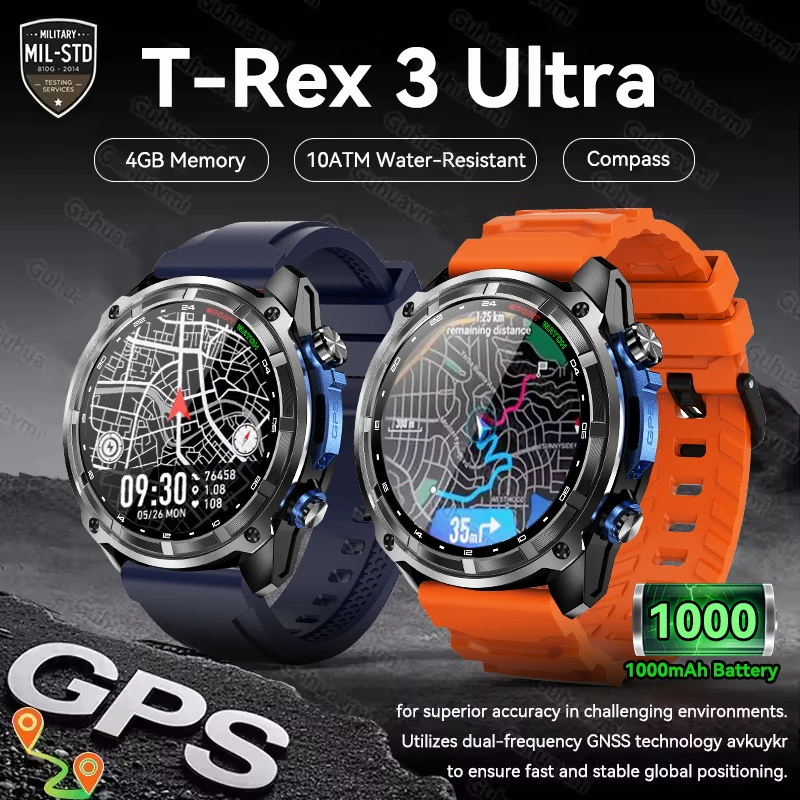 

New Men T-Rex 3 Ultra GPS Offline Map Smart Watch Compass 4GB Memory 1000mAh Battery 10ATM Waterproof Bluetooth Call Smartwatch