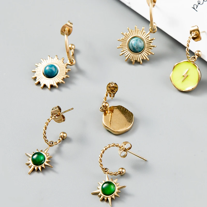 

Vintage Turquoise Earrings Enamel Lightning Sun Charms Earrings for Women Stainless Steel Pendants Luxury Jewelry Gift Female