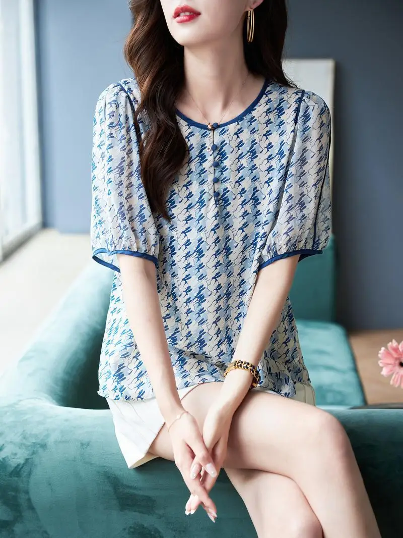 

New Chinese Round Neck Printed Short-sleeved Chiffon Shirt for Women in Summer New Puff Sleeve Casual Fashionable Versatile Top
