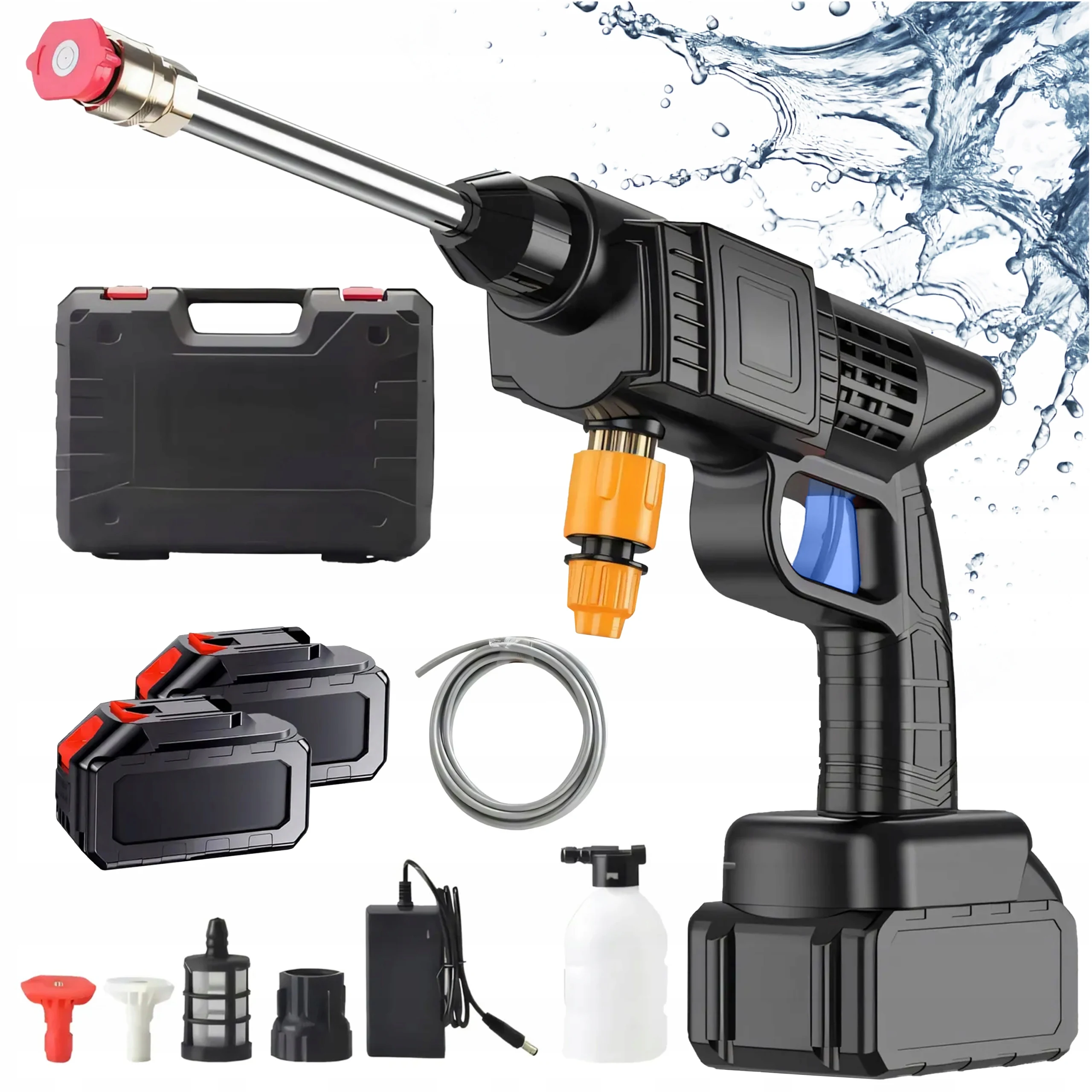 Kabelloser Hochdruckreiniger 30 Bar 2 Batterien 21V Tragbarer Hochdruck-Wasserreiniger mit Multifunktionsdüse Schaumkanone 5M Schlauch 260W Lithium-Ionen-Akku Wiederaufladbar für Auto Fahrrad Garten