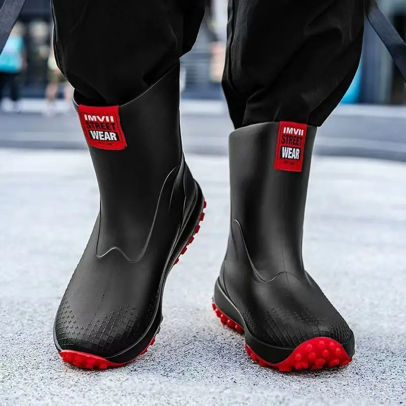 

Водонепроницаемая кухонная мужская обувь для шеф-повара, резиновые сапоги до середины икры для мужчин в рамках подростков без шнуровки, новые резиновые сапоги для рыбалки из ПВХ на низком каблуке