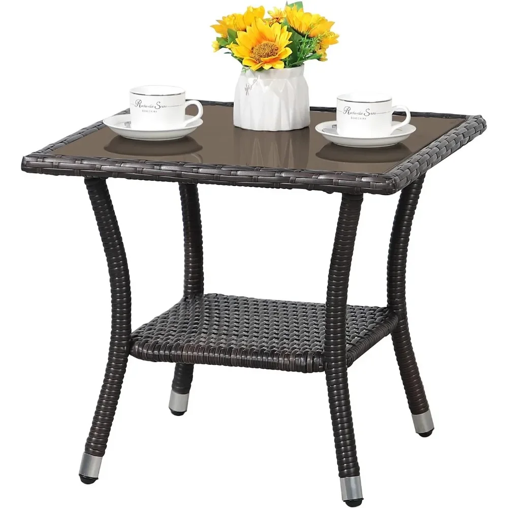 

Outdoor Wicker Patio Side Table, Weather Resistant Rattan Coffee Table, Square End Table, Aluminum Frame, Espresso Brown