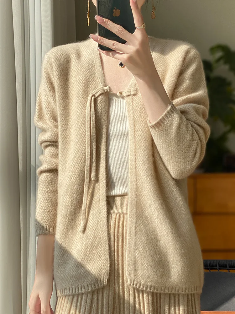 Pull cardigan en laine à col en V pour femmes, point ouvert, manches longues, tricots en Y, mode coréenne, vêtements pour femmes, printemps, nouveau