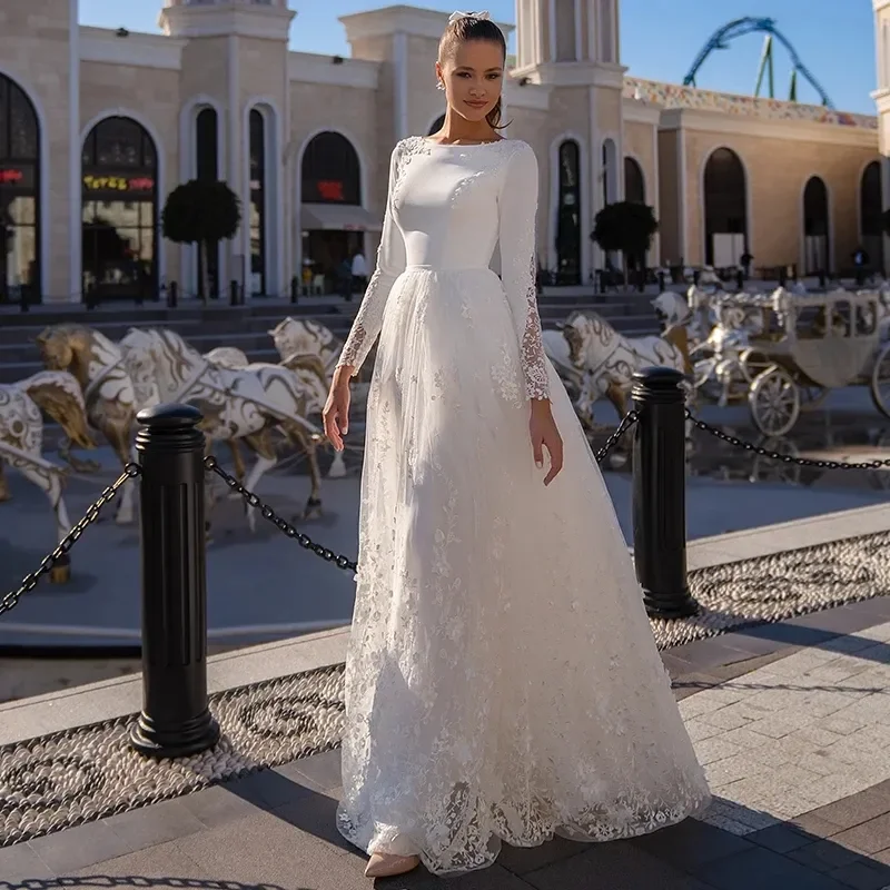 

Elegance O-Neck A-Line Wedding Dress Long Sleeve Lace Appliques Modern Satin Bride Gown Button Floor Length Vestidos de Novia