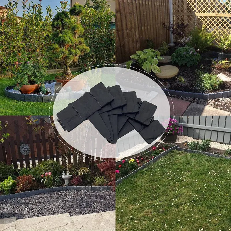 New Garden Edging Border, Garden Landscape Edging Borders For Flower Bed, Black Stone Effect Plastic Lawn Edging Fencing