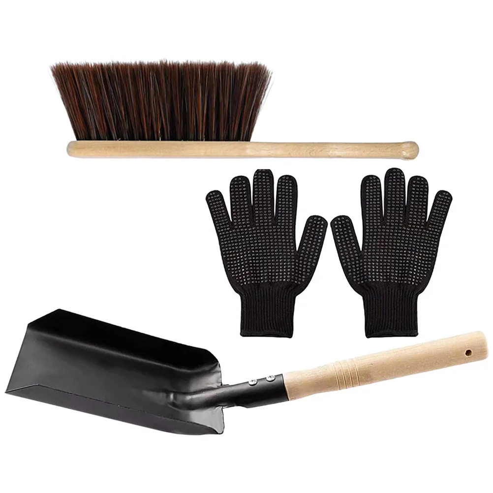 1Set Fireplace Cleaning Handle Dust Brush Shovel Silicone Gloves Household Fireplace Tool Ash Shovel Set