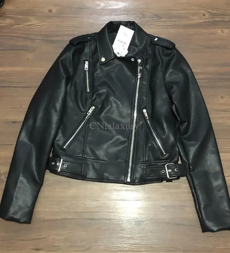 2023 New Spring Autumn Women Black Faux Leather Jacket Casual Zipper With Belt Biker Coat Female Casual Solid Short Outwear