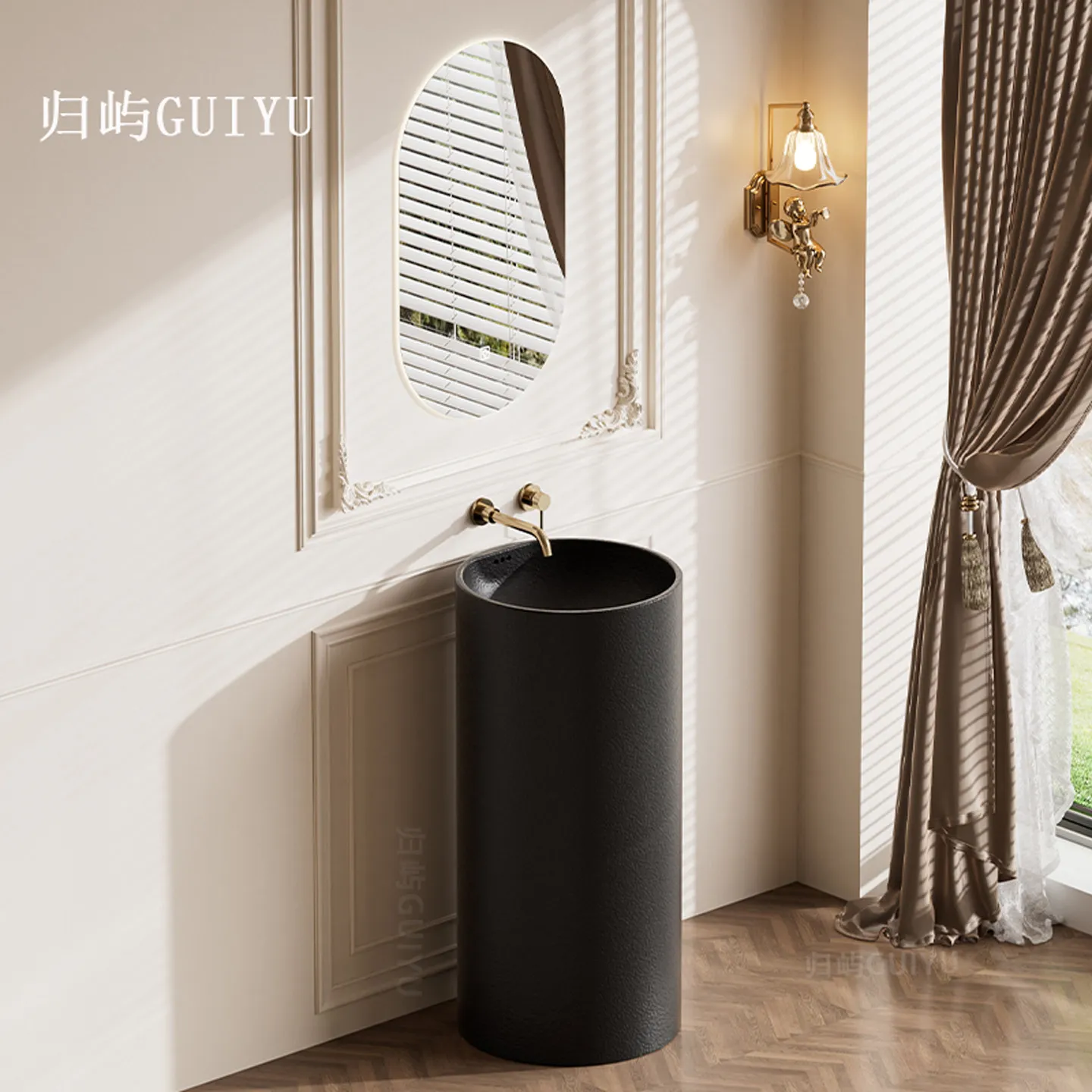 Retro Wash Basin French Bathroom Without Faucet Hole Column Type Imitation Stone Matte Wash Basin Floor-to-ceiling Washbasin