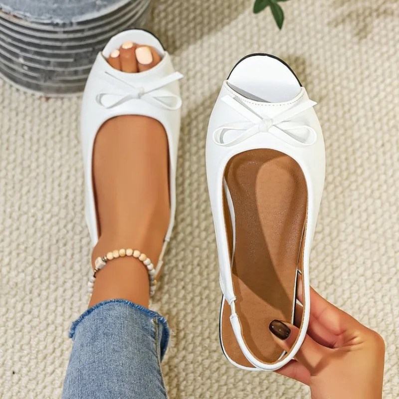 Women's Open Toe Slingback Flats with Bow Detail Casual Flat Sandals Summer Footwear for Daily Walking Elegant Slip on Shoes