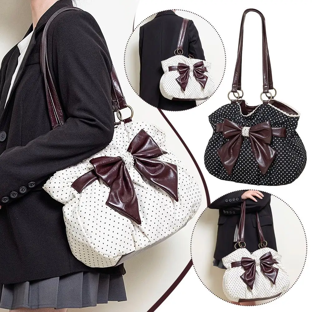 

Сумка-тоут Sweet Bow в стиле ретро с узором в горошек, модная женская сумка через плечо, сумка из канваса с цветными блоками и кружевом, сумка в японском стиле Y2K